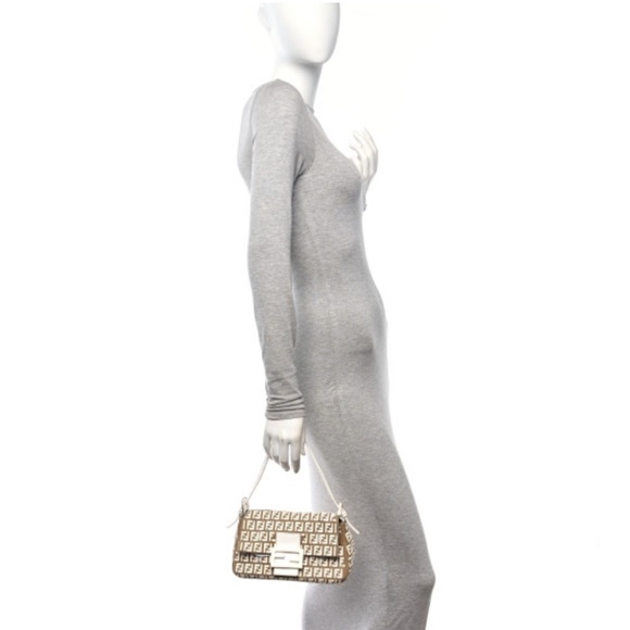 Auth RARE FENDI Tan khaki canvas White rubber zucchino mini mama Baguette Bag - Picture 6 of 15